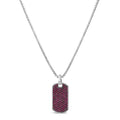 Dog tag pendant with red stones on a silver chain against a white background