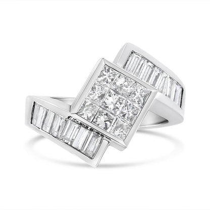 14K White Gold 2 1/5 Cttw Invisible-Set Princess and Channel-Set Baguette Diamond Bypass Kite-Set Ring (G-H Color, VS2-SI1 Clarity) - Bijoux-NYC Direct