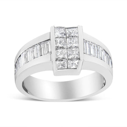 14K White Gold 2 3/4 Cttw Invisible-Set Princess and Channel-Set Baguette Diamond Step Up Cocktail Ring (G-H Color, SI1-SI2 Clarity) - Bijoux-NYC Direct