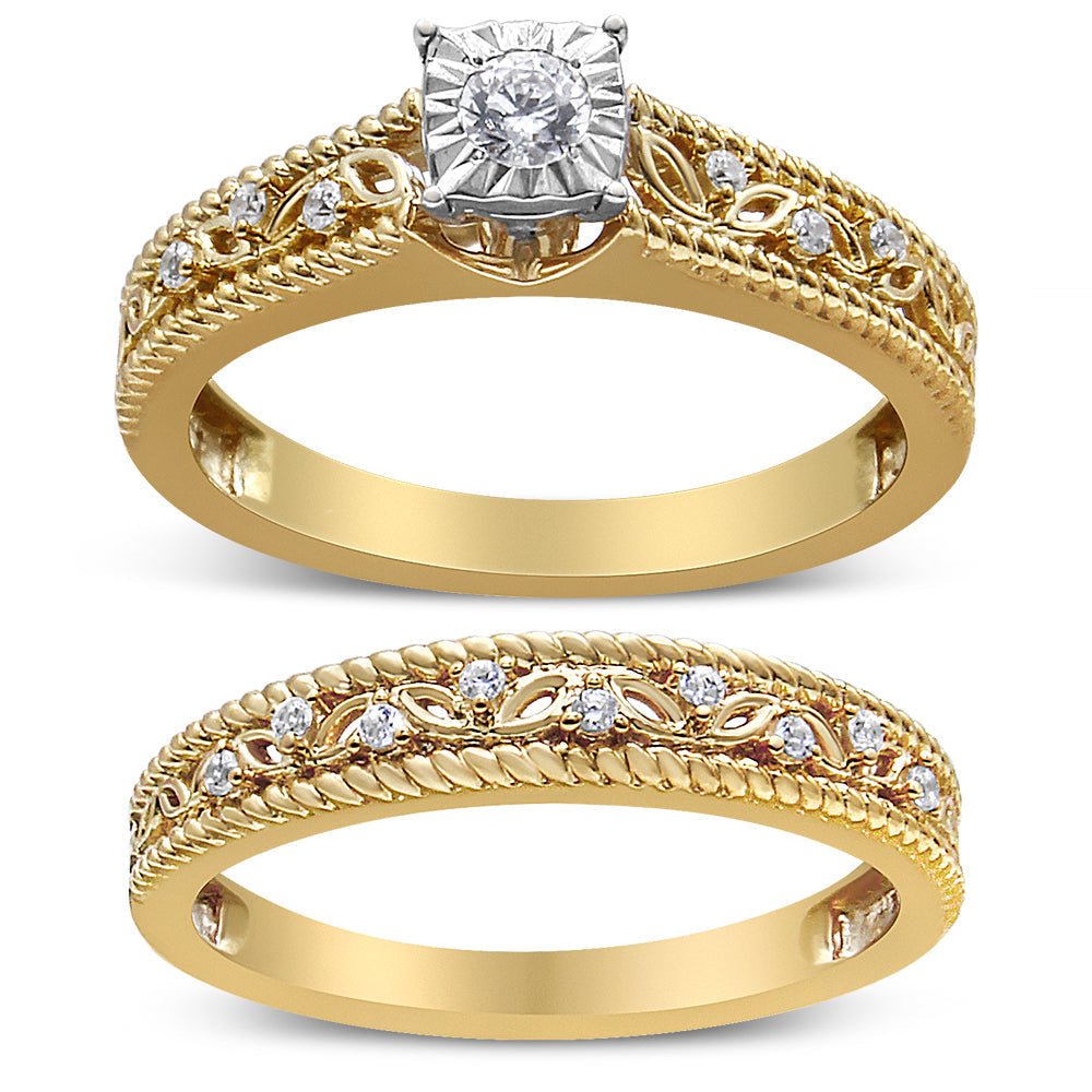 Two gold rings with diamond accents on a white background