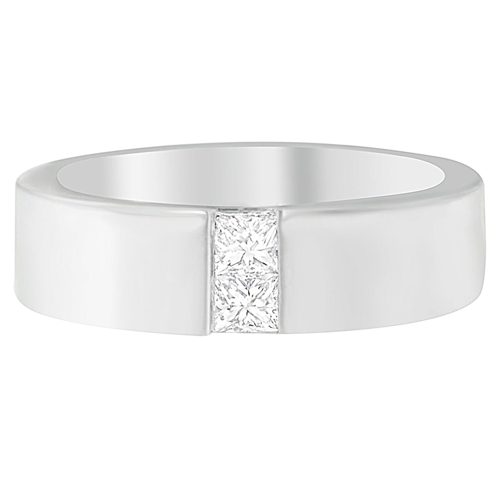 Silver ring with a diamond on a white background