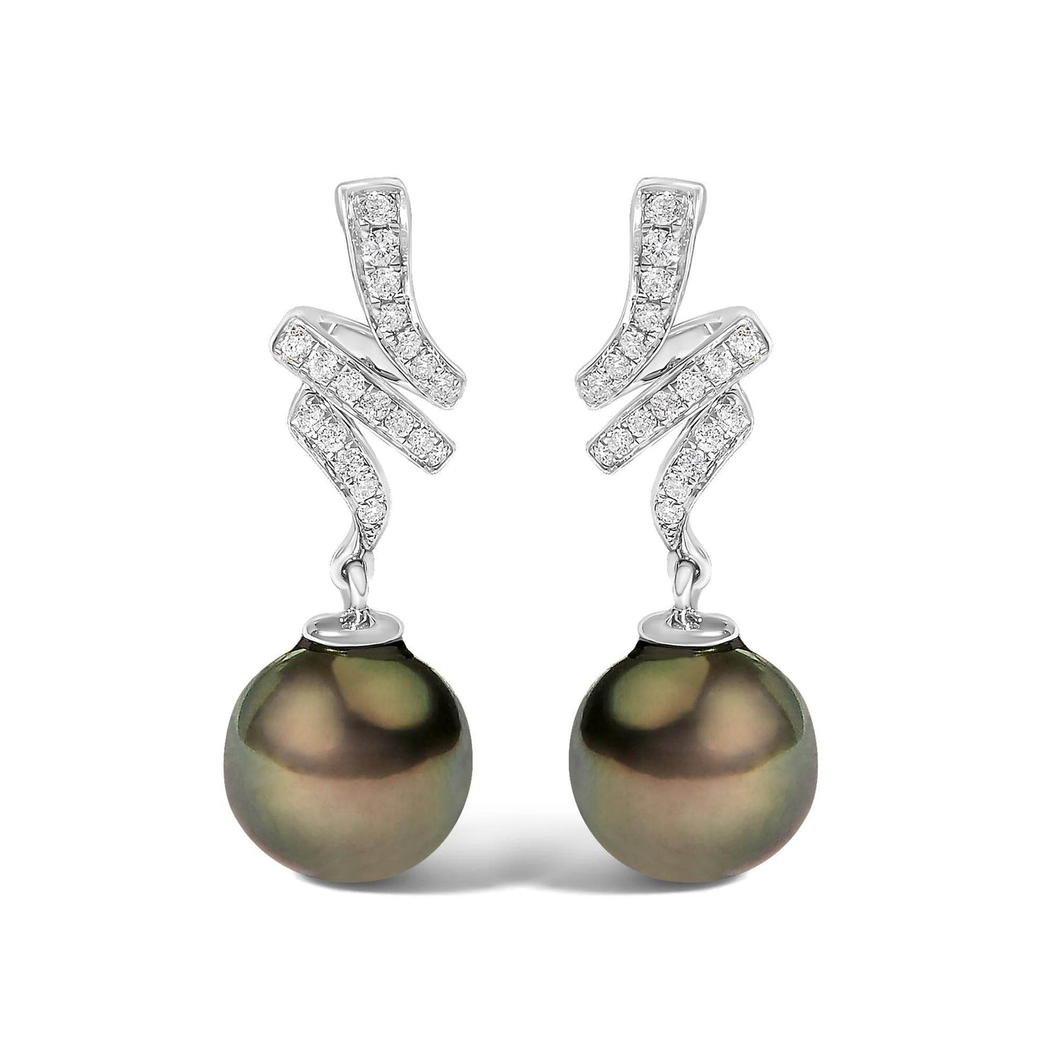 14K White Gold 9MM Cultured Black Pearl and Diamond Accent Drop and Dangle Earrings (I-J Color, SI1-SI2 Clarity) - Bijoux-NYC Direct