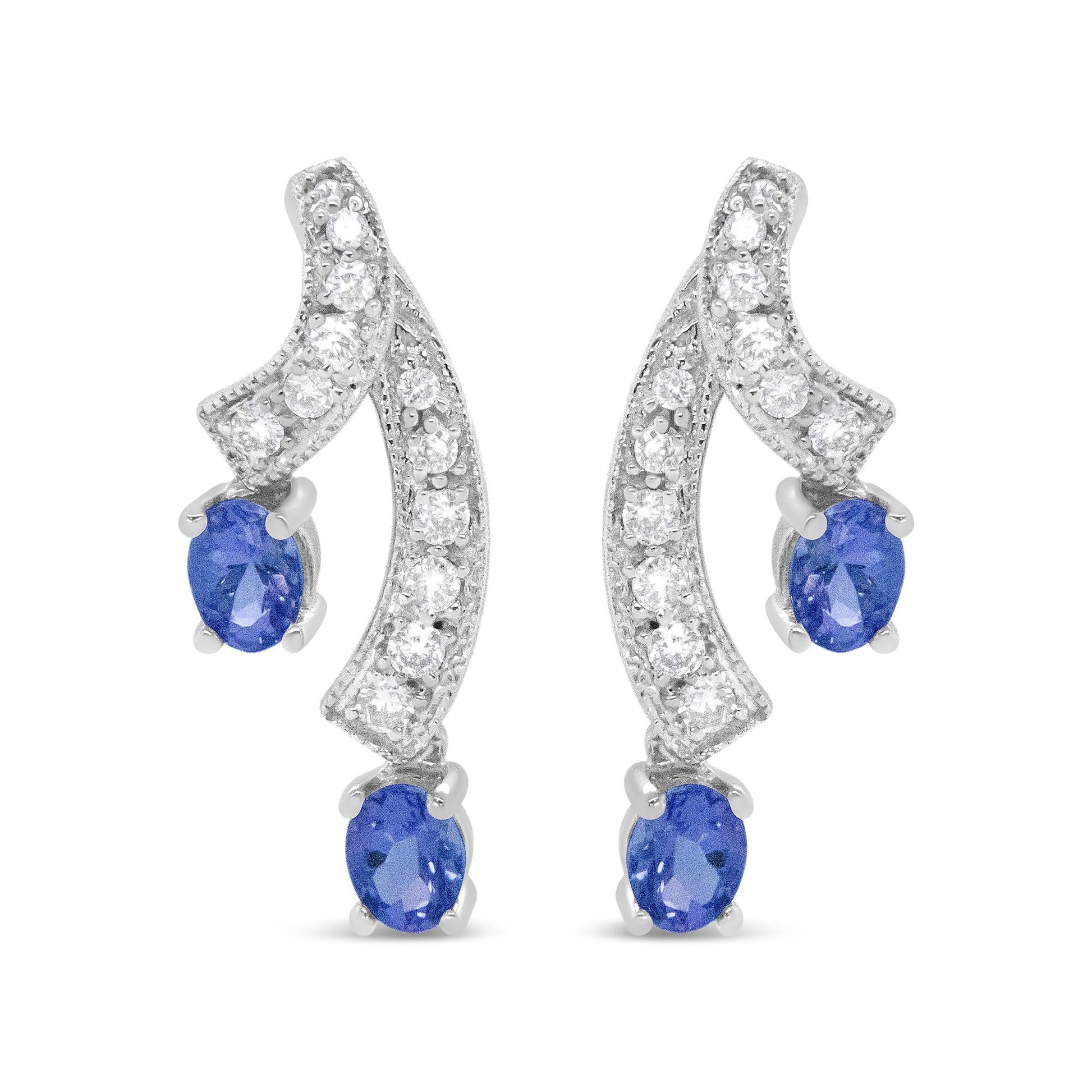 14K White Gold 4x3MM Oval Shaped Natural Blue Tanzanite Gemstone and 1/5 Cttw Diamond Double 3/4" Inch Drop Stud Earrings (H-I Color, VS1-VS2 Clarity) - Bijoux-NYC Direct