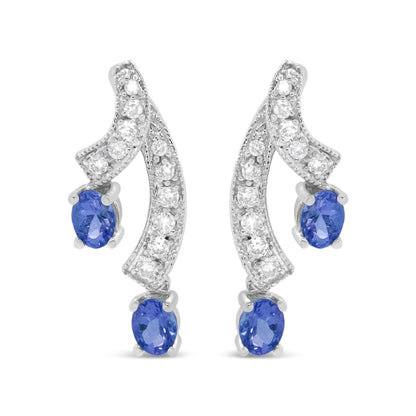 14K White Gold 4x3MM Oval Shaped Natural Blue Tanzanite Gemstone and 1/5 Cttw Diamond Double 3/4" Inch Drop Stud Earrings (H-I Color, VS1-VS2 Clarity) - Bijoux-NYC Direct