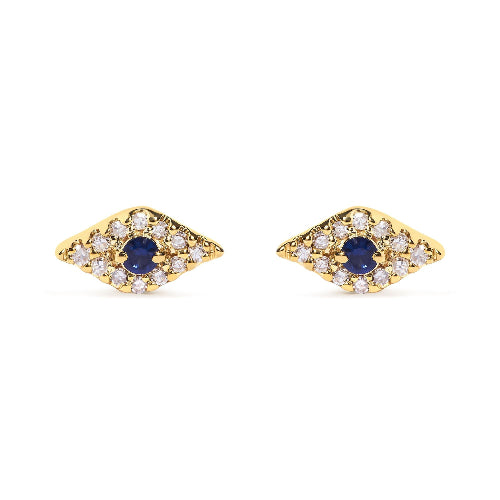 Pair of gold earrings with blue gemstones on a white background