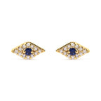 Pair of gold earrings with blue gemstones on a white background