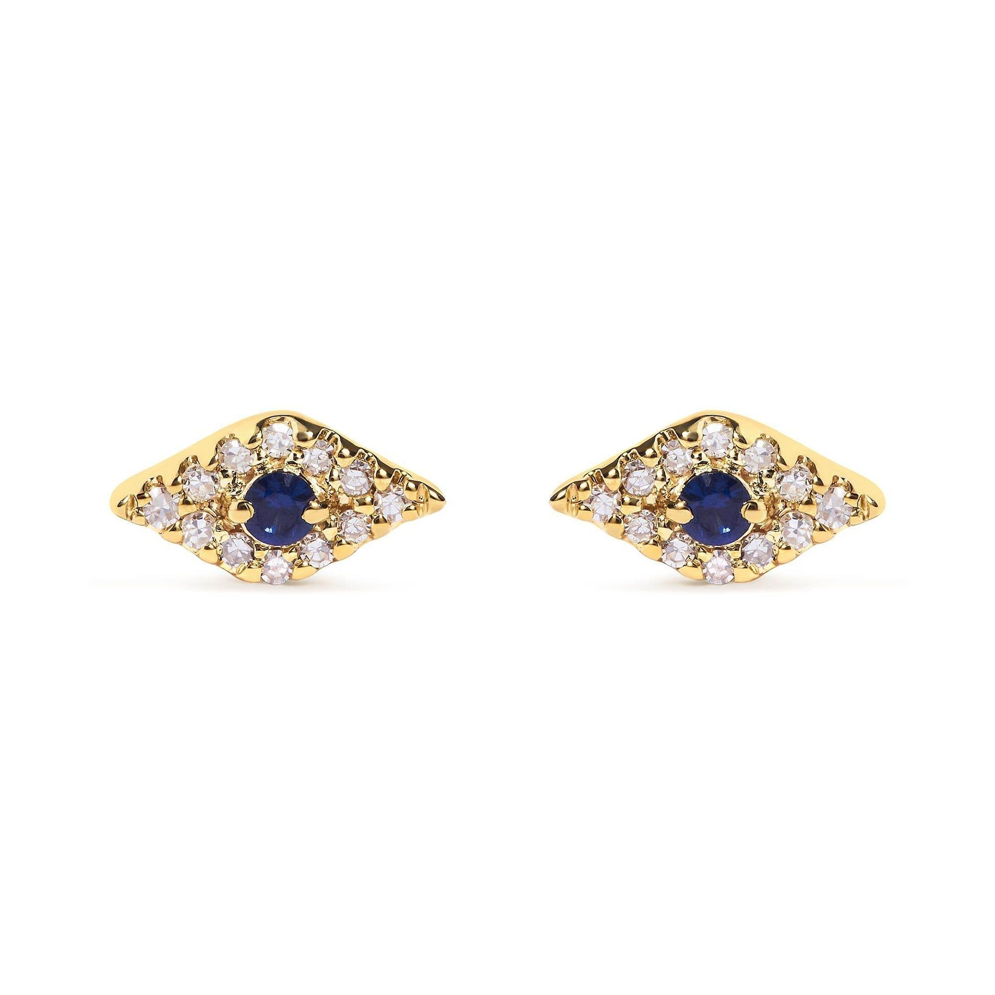 10K Yellow Gold Blue Sapphire and Diamond Accent Evil Eye Stud Earring (H-I Color, I1-I2 Clarity) - Bijoux-NYC Direct