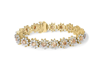 14K Yellow Gold 8.00 Cttw Champagne Diamond Floral Cluster Halo Link Bracelet (H-I Color, I1-I2 Clarity) - Bijoux-NYC Direct