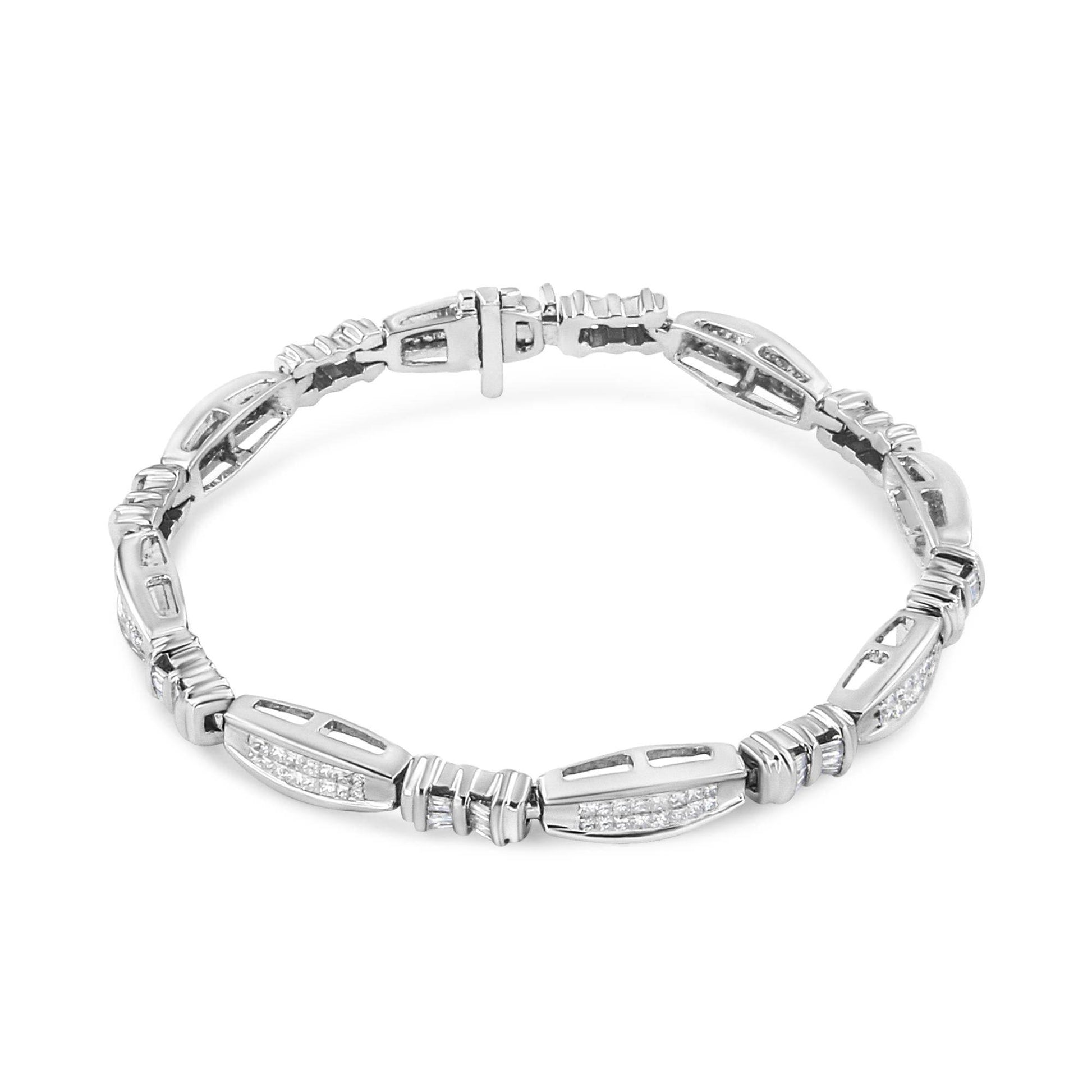 14K White Gold 2.0 Cttw Channel-Set Alternating Baguette and Princess-Cut Diamond Link Bracelet (H-I Color, SI2-I1 Clarity) - Size 7 - Bijoux-NYC Direct