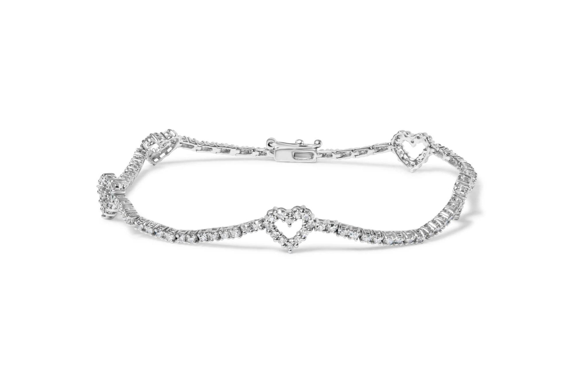 14K White Gold 1 1/2 Cttw Diamond Heart Station Strand Bracelet (H-I Color, I1-I2 Clarity) - 7.5 Inches - Bijoux-NYC Direct