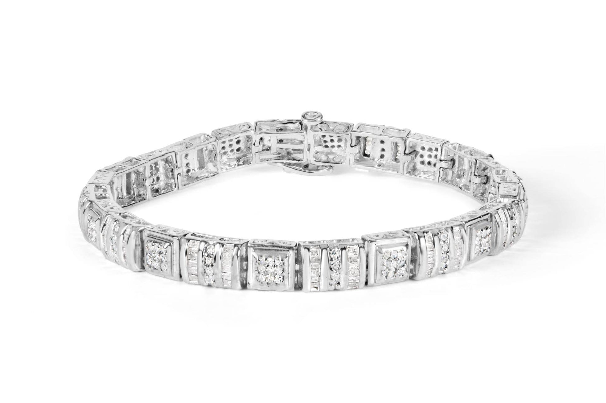 10K White Gold Round and Baguette Cut Diamond Bracelet (2.00 cttw, H-I Color, I2-I3 Clarity) - Bijoux-NYC Direct