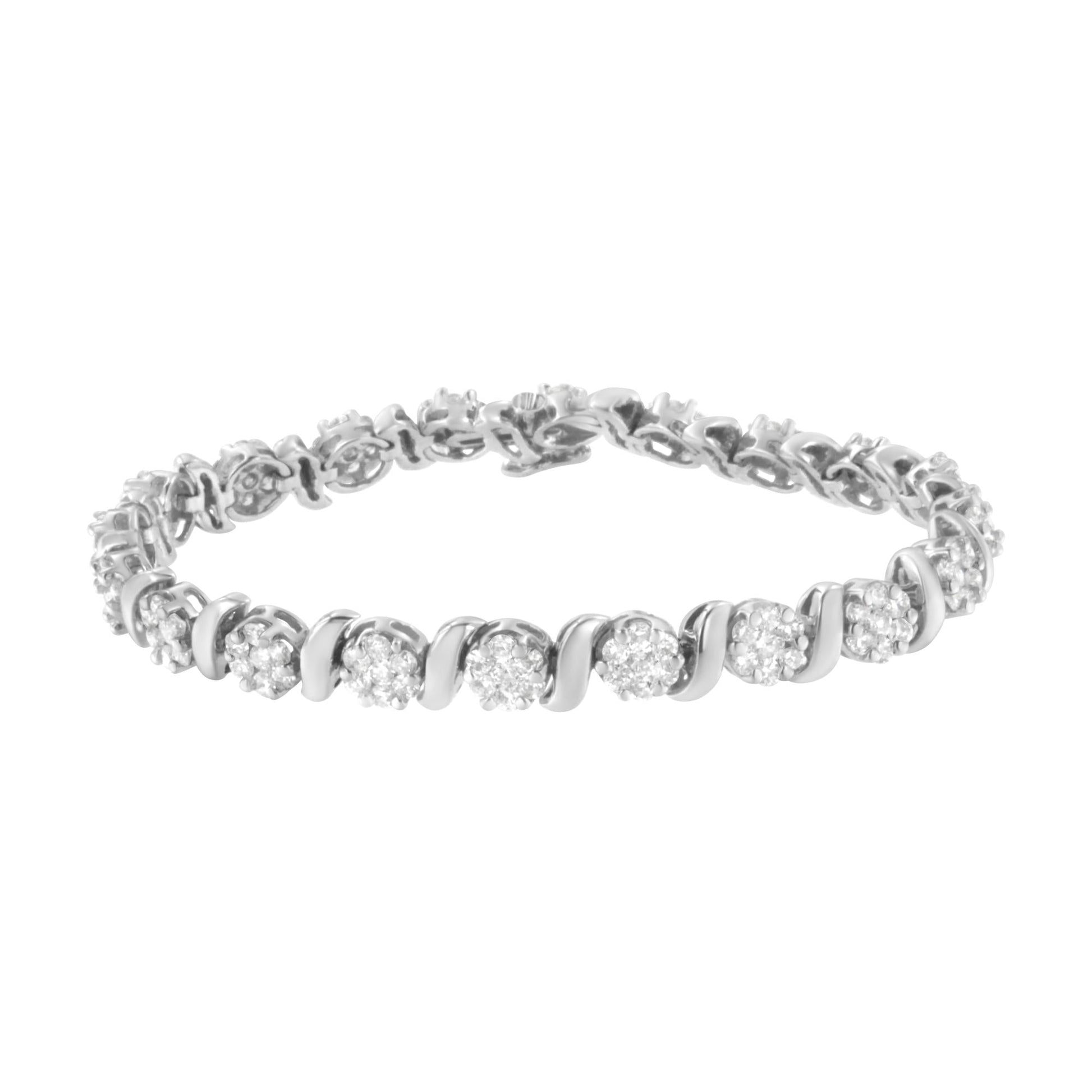 14K White Gold 5 1/4 cttw Diamond S-Link Floral Cluster Tennis Bracelet (I-J Clarity, SI2-I1 Color) - Size 7" - Bijoux-NYC Direct