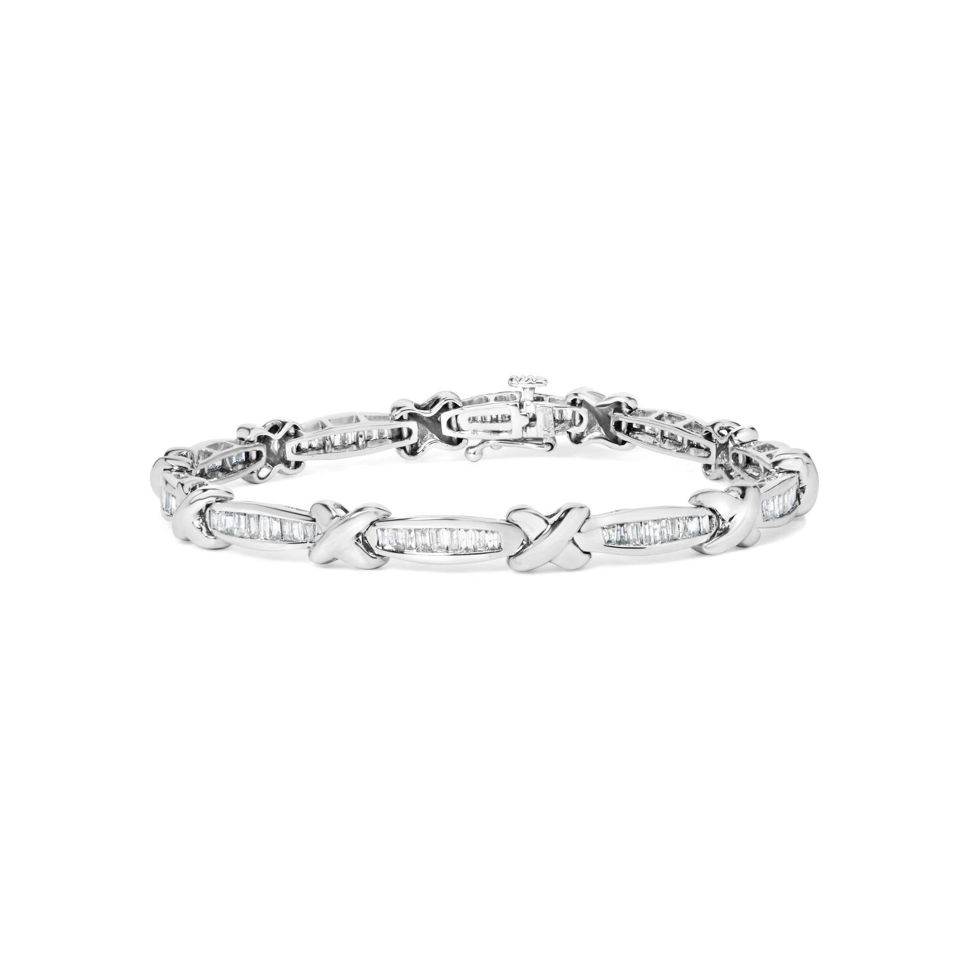 14K White Gold Baguette-Cut Diamond X-Link Bracelet (2.00 cttw, H-I Color, I1-I2 Clarity) - Bijoux-NYC Direct