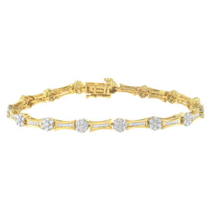 10K Yellow and White Gold 2.00 cttw Round and Baguette-Cut Diamond Link Bracelet (I-J Color, I2-I3 Clarity) - Size 7.25" - Bijoux-NYC Direct
