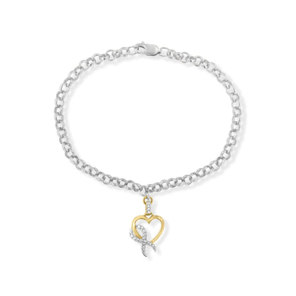 10K Yellow Gold 1/10 Cttw Diamond Awareness Ribbon & Heart Charm on 7" .925 Sterling Silver Rolo Bracelet (H-I Color, I1-I2 Clarity)