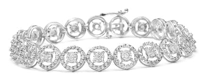 Silver bracelet with circular links on a white background