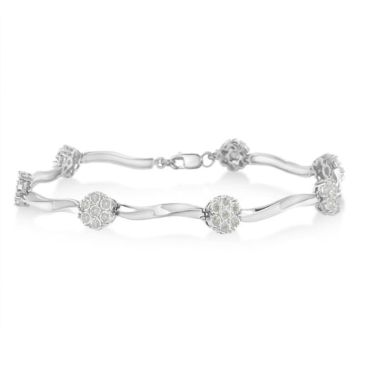 .925 Sterling Silver 1.0 Cttw Diamond Cluster Miracle-Set Station & Twisted Bar 7" Tennis Bracelet (H-I Color, I1-I2 Clarity) - Bijoux-NYC Direct