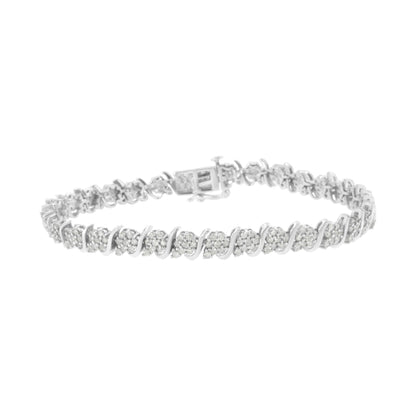 .925 Sterling Silver Diamond Floral Cluster Link Bracelet (2 3/4 cttw, I-J Color, I3 Clarity) - Size 7.25" - Bijoux-NYC Direct