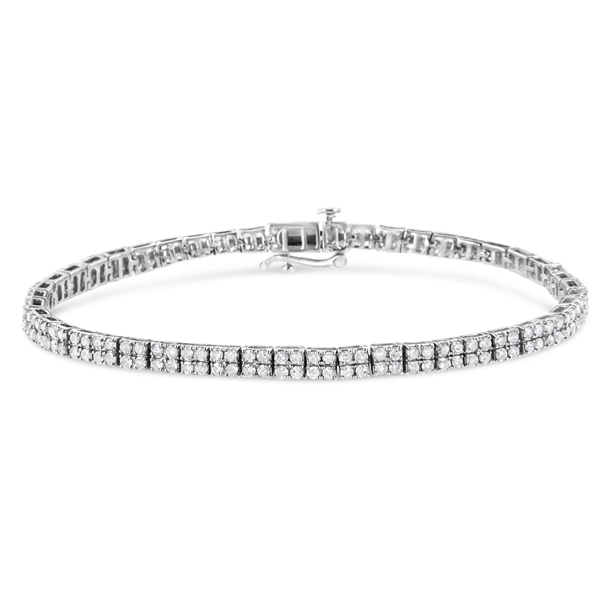 .925 Sterling Silver 3.0 Cttw Prong-Set Round Diamond 2 Row Link Tennis Bracelet (I-J Color, I3 Clarity) - 7.25" - Bijoux-NYC Direct