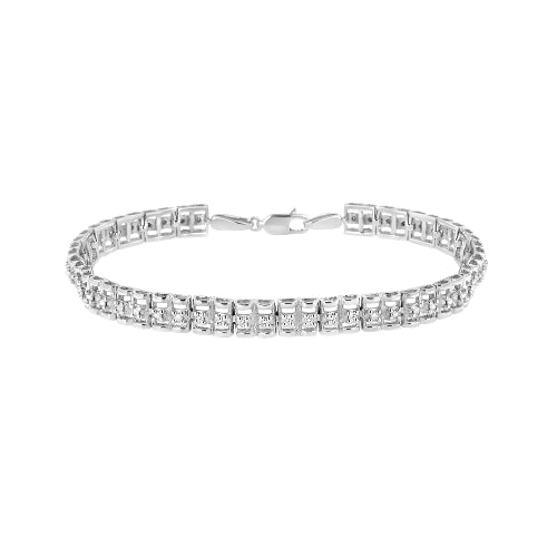 Silver bracelet with square-cut stones on a white background