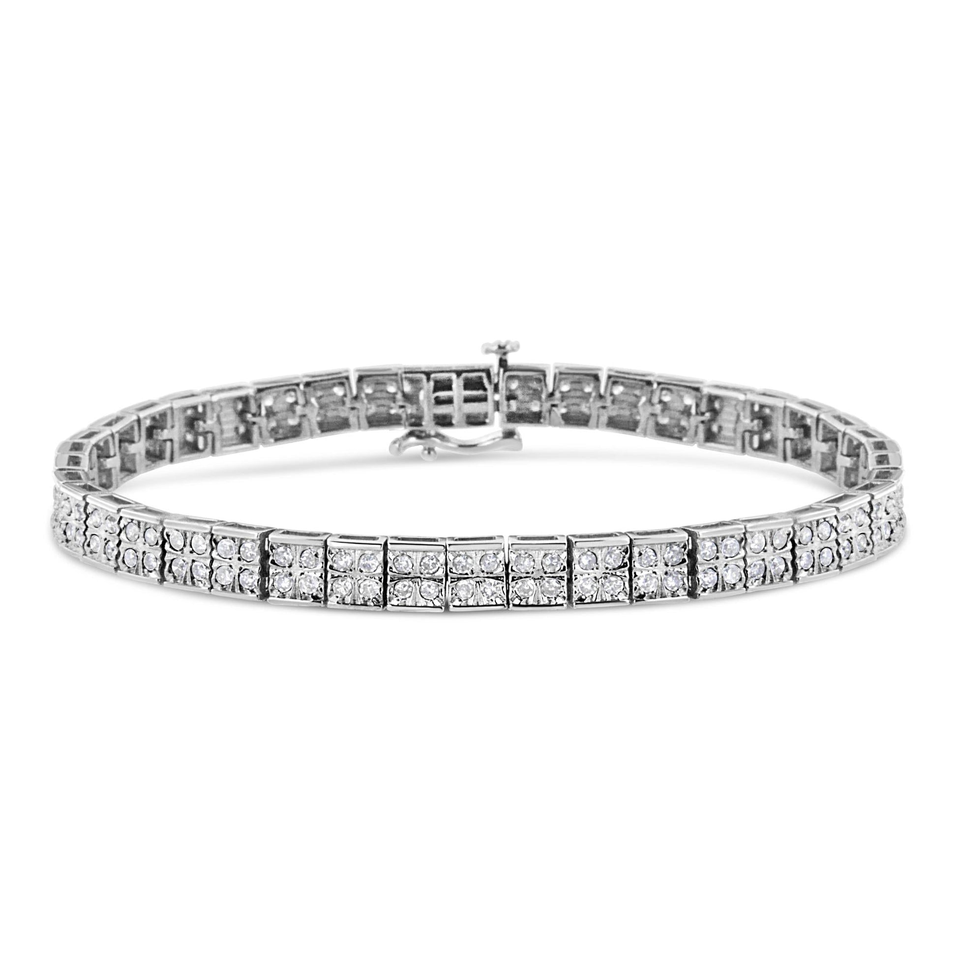 .925 Sterling Silver 2 Cttw Prong Set Round-Cut Diamond 4 Stone Box Link Bracelet (I-J Color, I3 Clarity) - 7.25" - Bijoux-NYC Direct