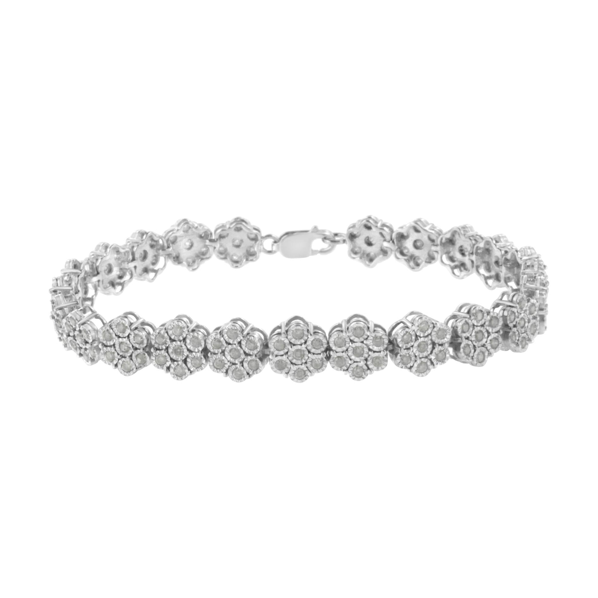 .925 Sterling Silver 2.0 cttw Diamond 7 Stone Floral Cluster Link Bracelet (I-J Color, I3 Clarity) -7.25" - Bijoux-NYC Direct