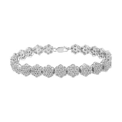 .925 Sterling Silver 2.0 cttw Diamond 7 Stone Floral Cluster Link Bracelet (I-J Color, I3 Clarity) -7.25" - Bijoux-NYC Direct