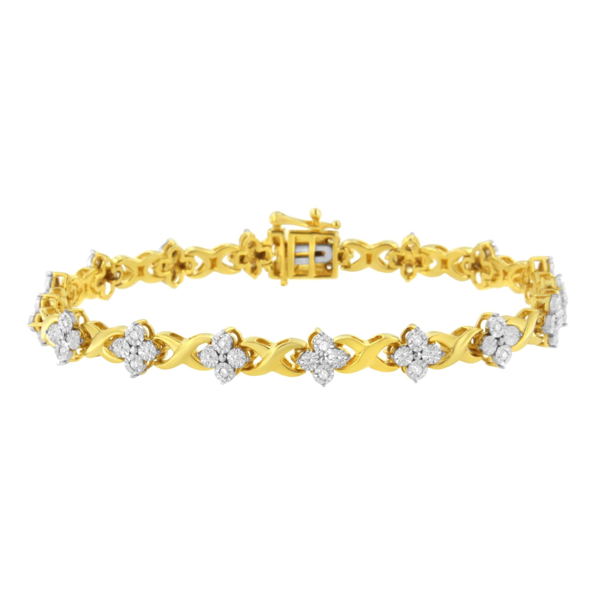 10K Yellow Gold Plated Sterling Silver 1/4 cttw Diamond 4 Leaf Clover Link Tennis Bracelet (I-J Color, I2-I3 Clarity) - Size 7.25" - Bijoux-NYC Direct