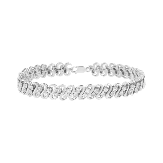 .925 Sterling Silver 1/4 cttw Round-Cut Diamond Double Row Wrapped S-Link Bracelet (I-J Color, I2-I3 Clarity) - Size 7.25" - Bijoux-NYC Direct