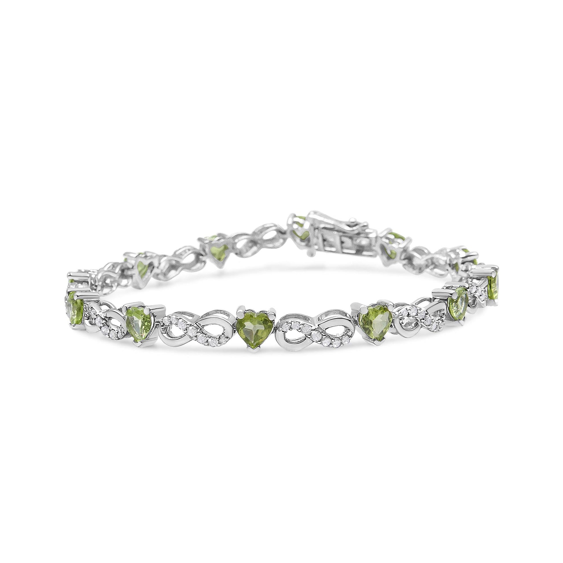 .925 Sterling Silver 1.00 Cttw Diamond and 4.00mm Lab Created Green Heart-Shaped Peridot Infinity Link Bracelet (I-J Color, I2-I3 Clarity) - 7.25" - Bijoux-NYC Direct