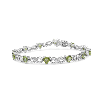 .925 Sterling Silver 1.00 Cttw Diamond and 4.00mm Lab Created Green Heart-Shaped Peridot Infinity Link Bracelet (I-J Color, I2-I3 Clarity) - 7.25" - Bijoux-NYC Direct