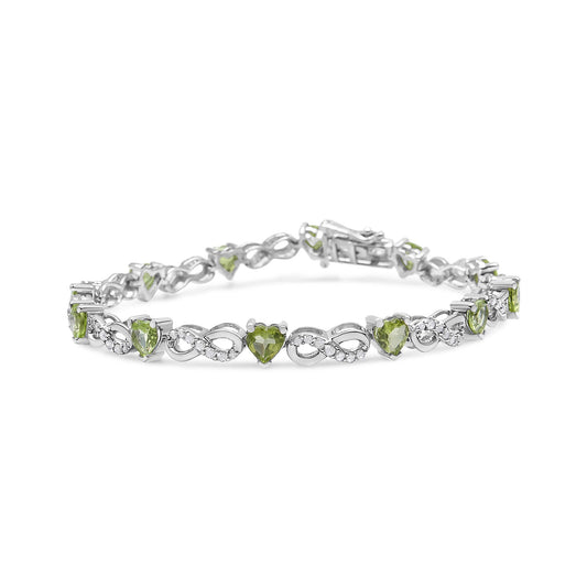 .925 Sterling Silver 1.00 Cttw Diamond and 4.00mm Lab Created Green Heart-Shaped Peridot Infinity Link Bracelet (I-J Color, I2-I3 Clarity) - 7.25" - Bijoux-NYC Direct