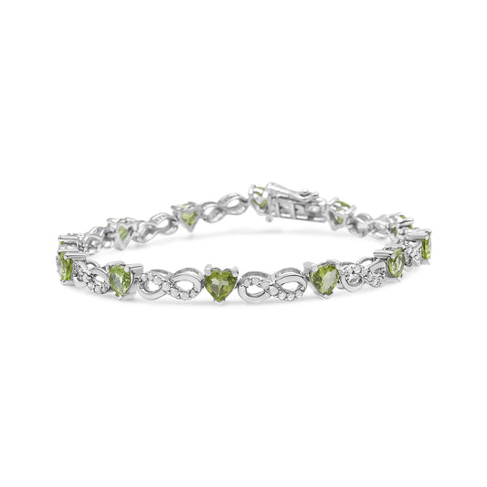 .925 Sterling Silver 1.00 Cttw Diamond and 4.00mm Lab Created Green Heart-Shaped Peridot Infinity Link Bracelet (I-J Color, I2-I3 Clarity) - 7.25" - Bijoux-NYC Direct