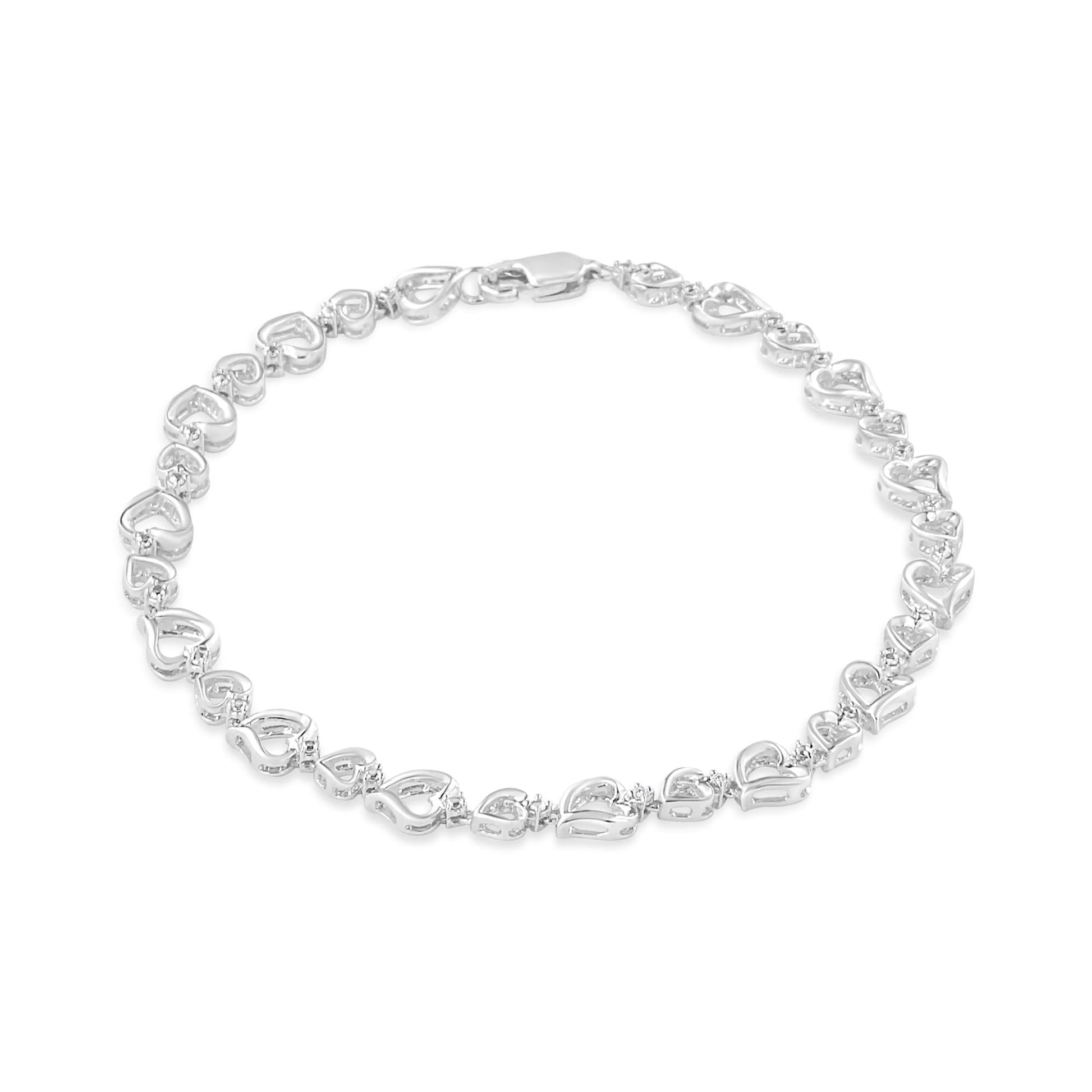 .925 Sterling Silver Prong Set Diamond Accent Alternating Heart Link Bracelet (I-J Color, I3 Clarity) - 7.25" Inches - Bijoux-NYC Direct