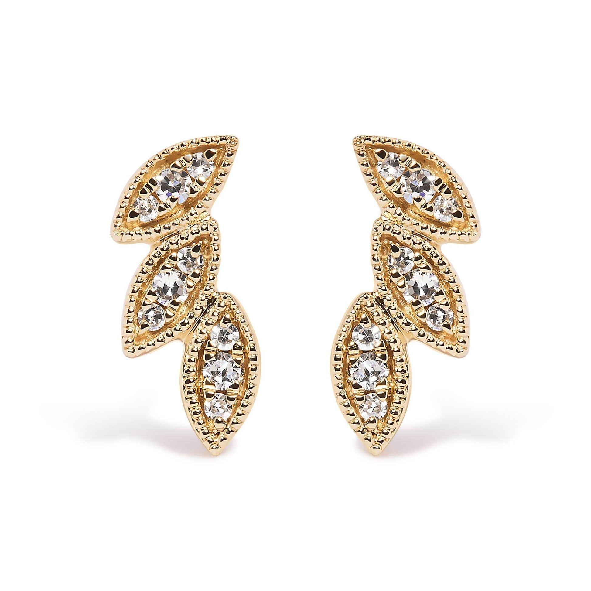 10K Yellow Gold 1/10 Cttw Diamond Triple Leaf Stud Earring (H-I Color, I1-I2 Clarity) - Bijoux-NYC Direct