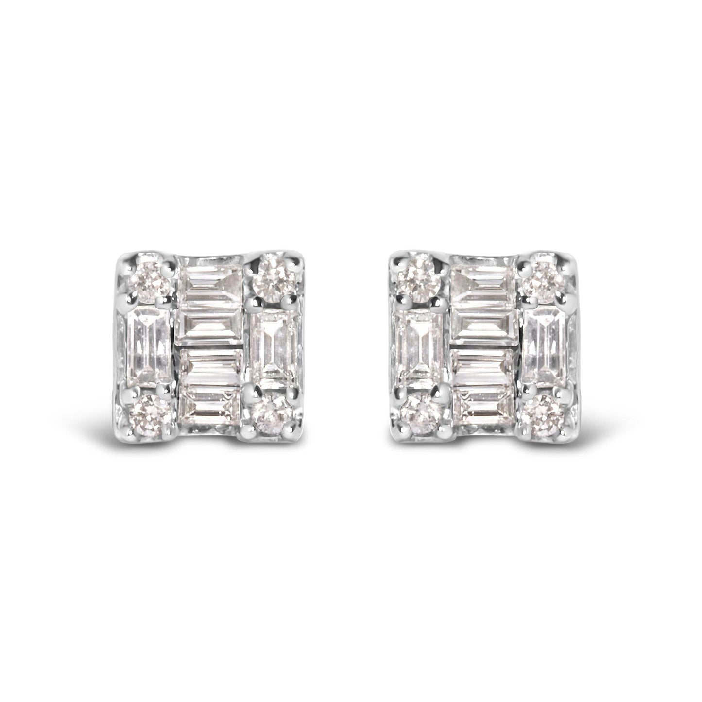 10K White Gold 1/7 Cttw Round and Baguette Diamond Mosaic Square Stud Earrings (H-I Color, I1-I2 Clarity) - Bijoux-NYC Direct