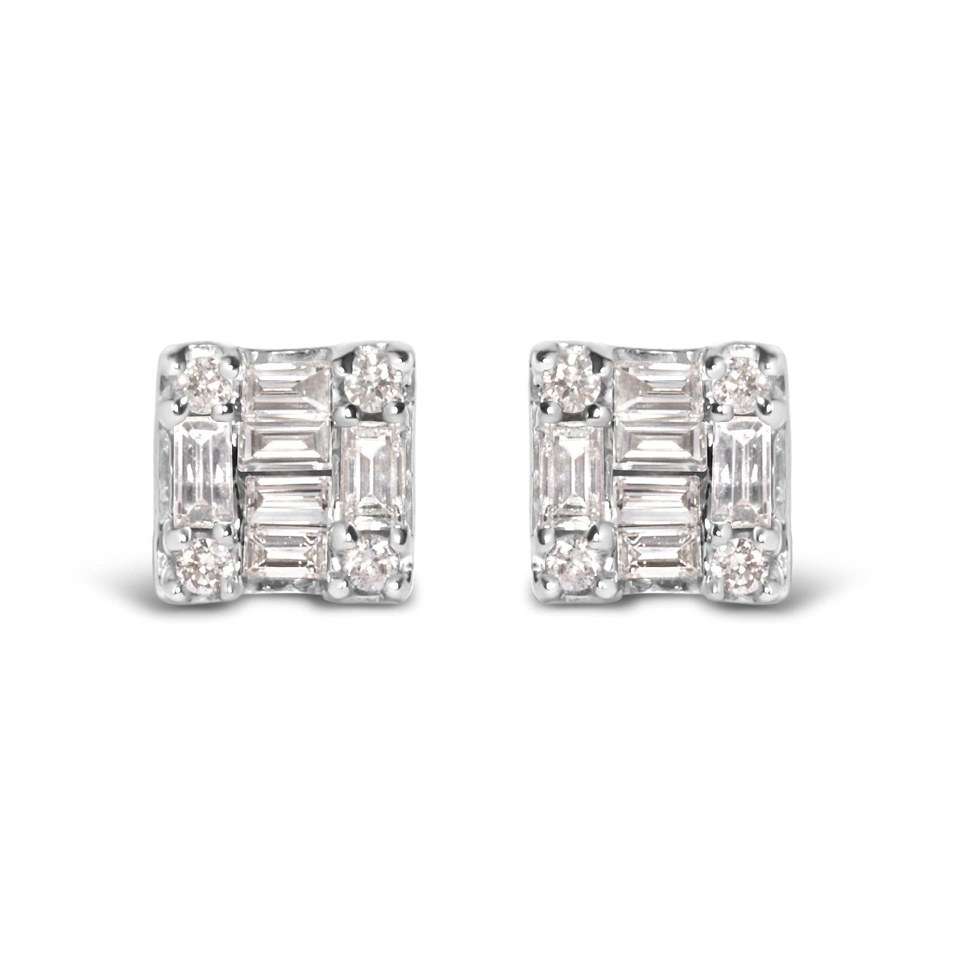 10K White Gold 1/7 Cttw Round and Baguette Diamond Mosaic Square Stud Earrings (H-I Color, I1-I2 Clarity) - Bijoux-NYC Direct