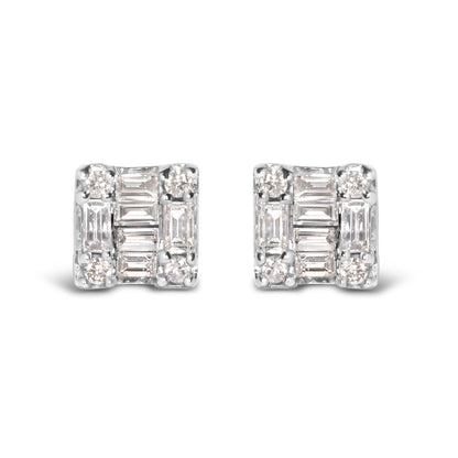 10K White Gold 1/7 Cttw Round and Baguette Diamond Mosaic Square Stud Earrings (H-I Color, I1-I2 Clarity) - Bijoux-NYC Direct