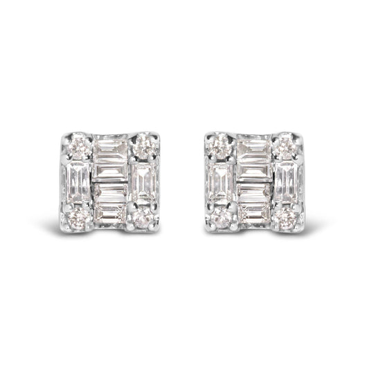 10K White Gold 1/7 Cttw Round and Baguette Diamond Mosaic Square Stud Earrings (H-I Color, I1-I2 Clarity) - Bijoux-NYC Direct