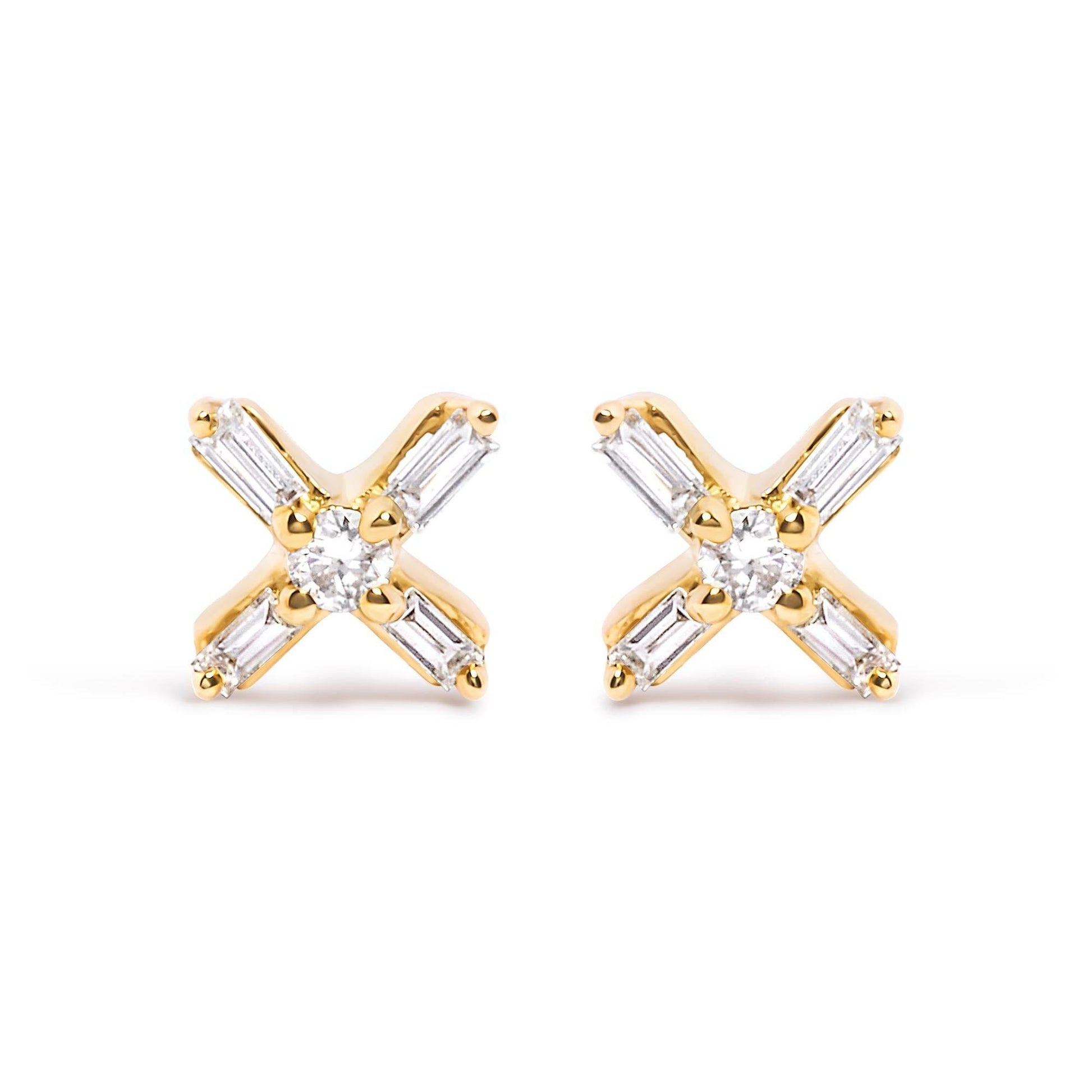 10K Yellow Gold 1/10 Cttw Round and Baguette Diamond Criss Cross X Stud Earring (H-I Color, I1-I2 Clarity) - Bijoux-NYC Direct