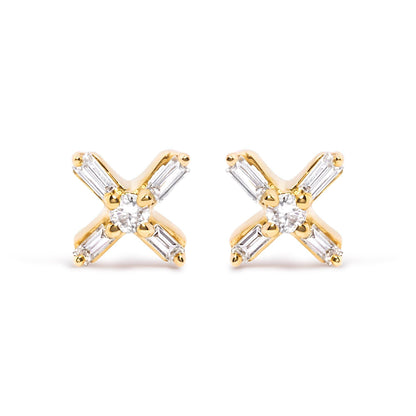 10K Yellow Gold 1/10 Cttw Round and Baguette Diamond Criss Cross X Stud Earring (H-I Color, I1-I2 Clarity) - Bijoux-NYC Direct