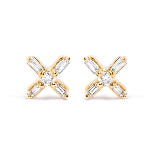 10K Yellow Gold 1/10 Cttw Round and Baguette Diamond Criss Cross X Stud Earring (H-I Color, I1-I2 Clarity) - Bijoux-NYC Direct