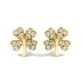 Gold four-leaf clover earrings with diamond accents on a white background