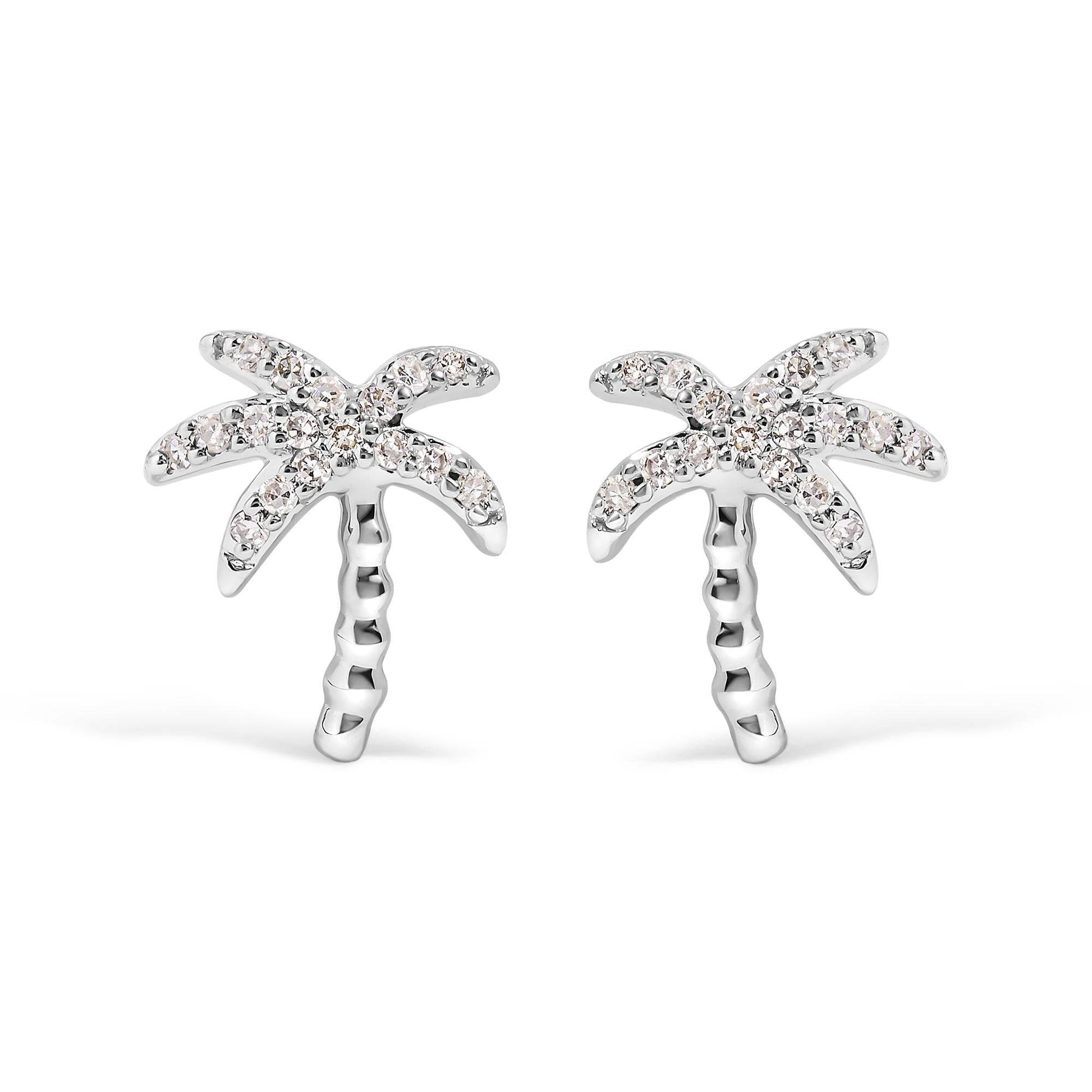 10K White Gold 1/10 Cttw Diamond Encrusted Palm Tree Stud Earrings (H-I Color, I1-I2 Clarity) - Bijoux-NYC Direct