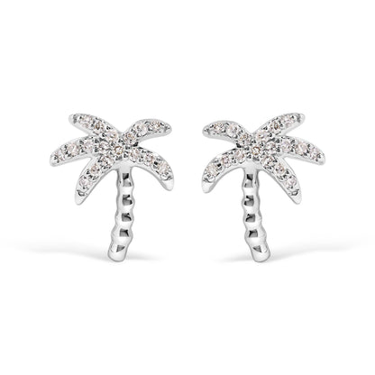 10K White Gold 1/10 Cttw Diamond Encrusted Palm Tree Stud Earrings (H-I Color, I1-I2 Clarity) - Bijoux-NYC Direct
