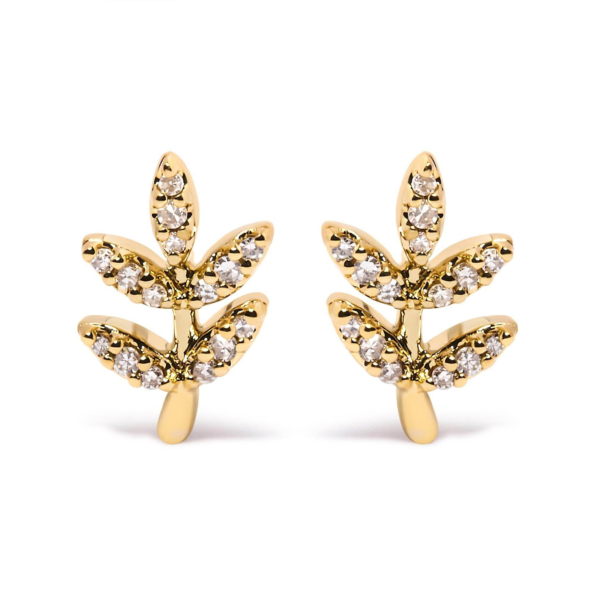 10K Yellow Gold 1/10 Cttw Diamond Accented Leaf and Branch Stud Earrings (H-I Color, I1-I2 Clarity) - Bijoux-NYC Direct