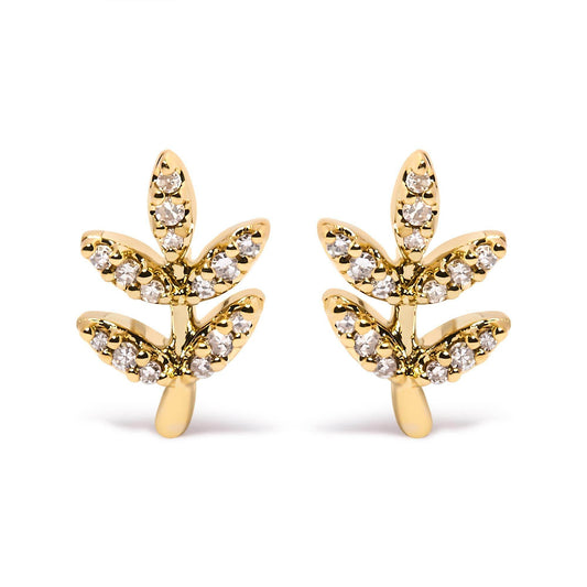 10K Yellow Gold 1/10 Cttw Diamond Accented Leaf and Branch Stud Earrings (H-I Color, I1-I2 Clarity) - Bijoux-NYC Direct