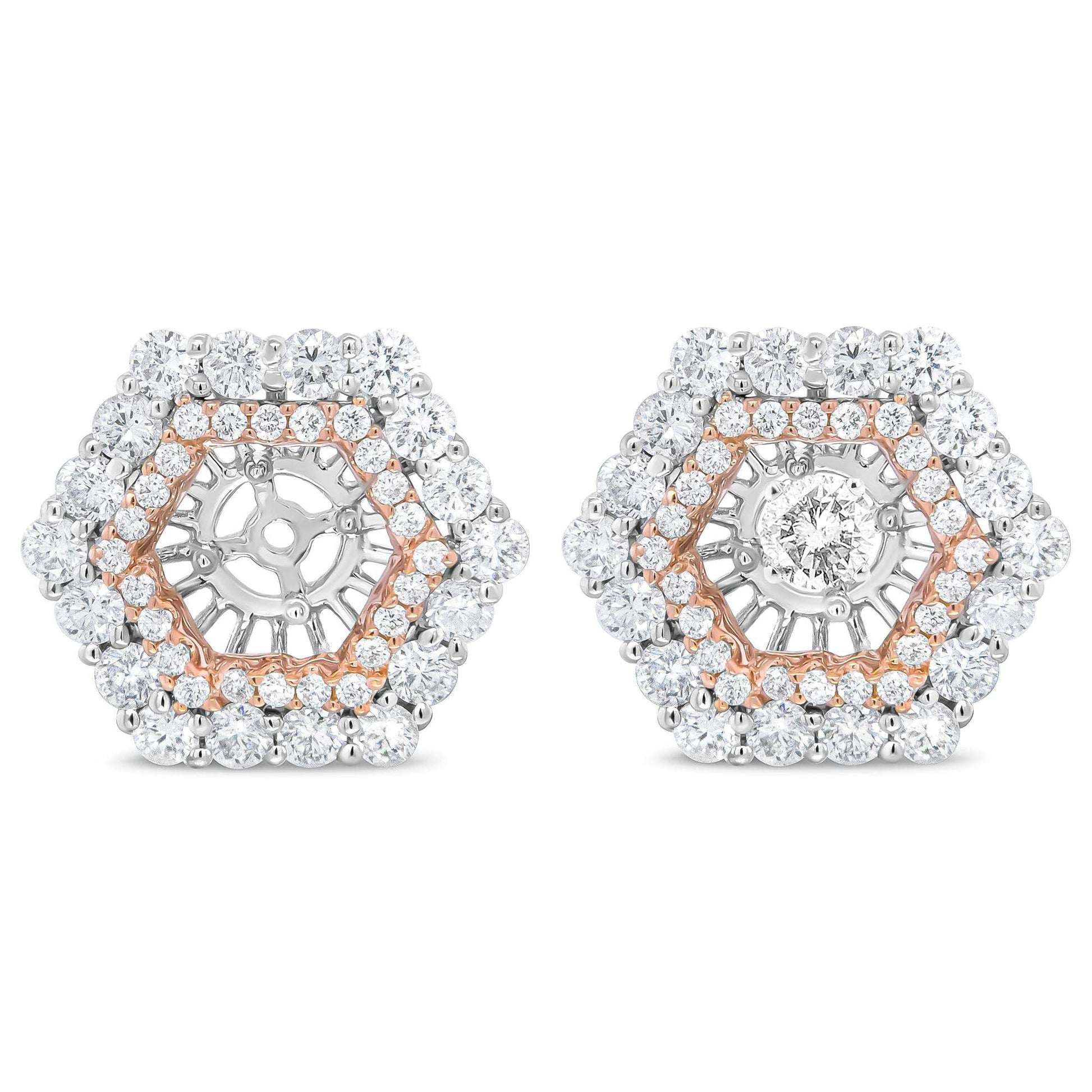 14K Rose and White Gold 1 7/8 Cttw Round Diamond Double Halo Earring Jacket for 6mm Round Studs (G-H Color, VS2-SI1 Clarity) - Bijoux-NYC Direct