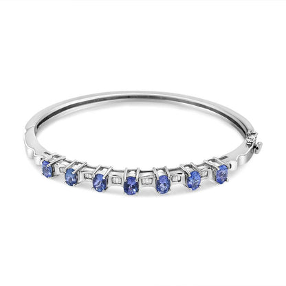 14K White Gold 5 MM Oval Blue Tanzanite and 1/4 Cttw Diamond Bangle (H-I Color, VS2-SI1 Clarity) - Fits wrists up to 7 1/2 Inches - Bijoux-NYC Direct