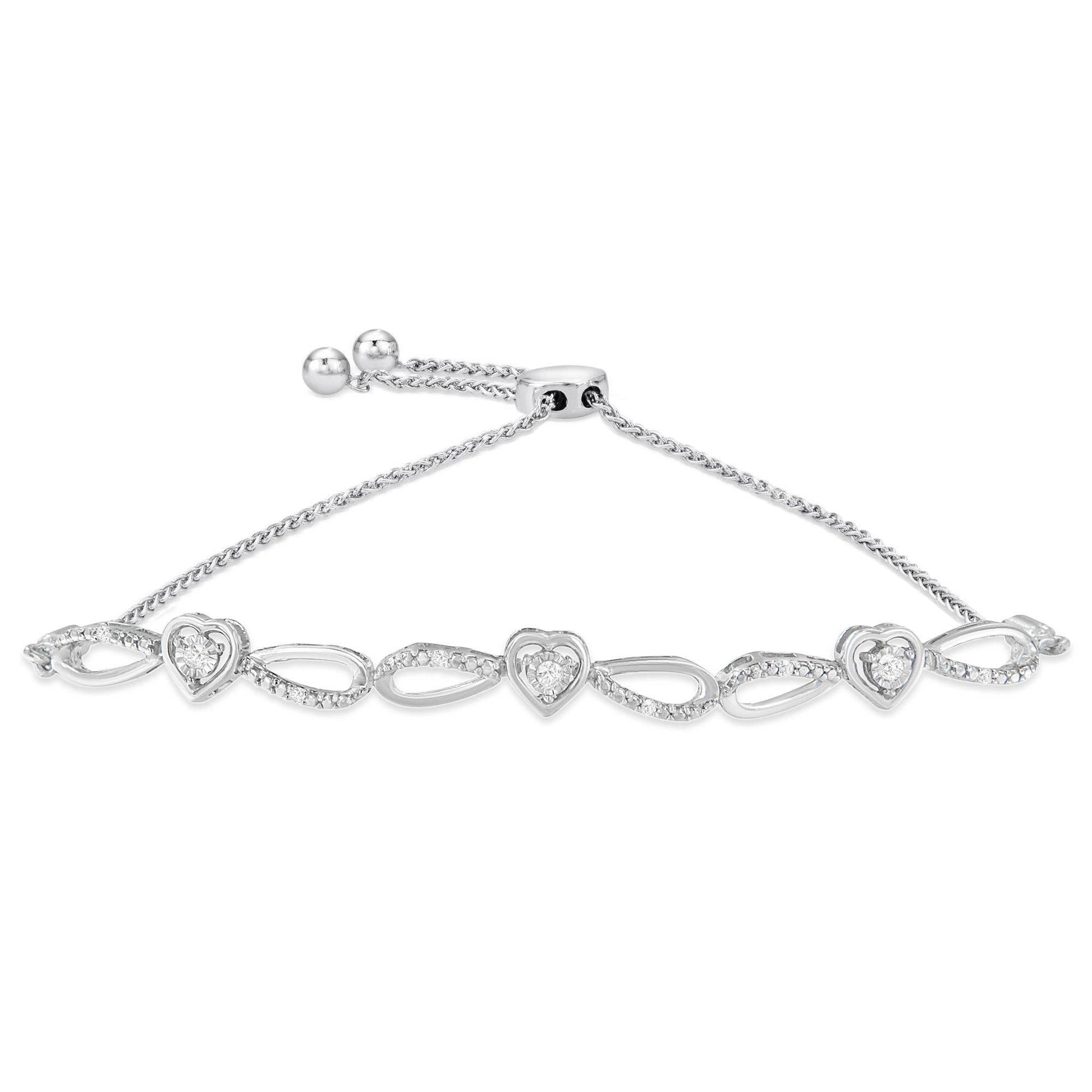 .925 Sterling Silver 1/10 Cttw Diamond Triple Heart-in-Infinity Bolo Style Adjustable Bracelet (H-I Color, I2-I3 Clarity) - Bijoux-NYC Direct